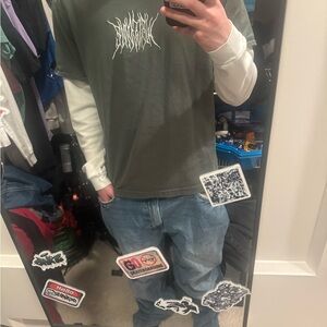 Green Graphic T-Shirt with White Long Sleeves